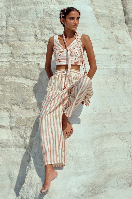 Buy_Ahmev_Ivory Cotton, Chanderi V-neck Than Stripe Pattern Bustier  