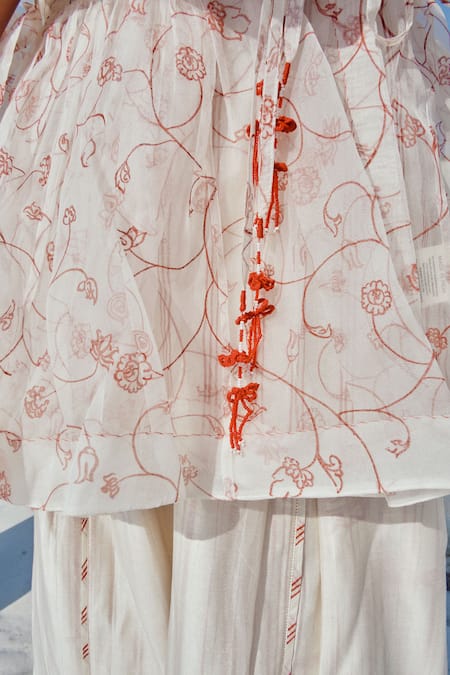 Shop_Ahmev_Ivory Silk Organza, Cotton Tassels V-neck Bella Angarkha Top  _Online_at_Aza_Fashions