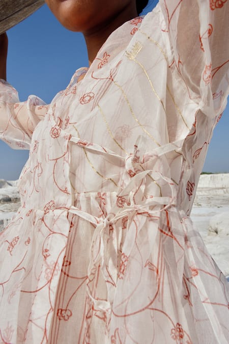 Ahmev_Ivory Silk Organza, Cotton Tassels V-neck Bella Angarkha Top  _at_Aza_Fashions