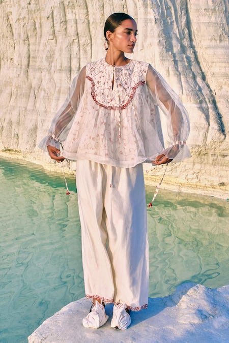 Ahmev_Red Cotton, Chanderi, Silk Organza Embroidery, Tassels, Lace, Khin Yoke Top  _Online_at_Aza_Fashions