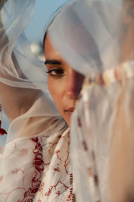 Shop_Ahmev_Red Cotton, Chanderi, Silk Organza Embroidery, Tassels, Lace, Khin Yoke Top  _Online_at_Aza_Fashions