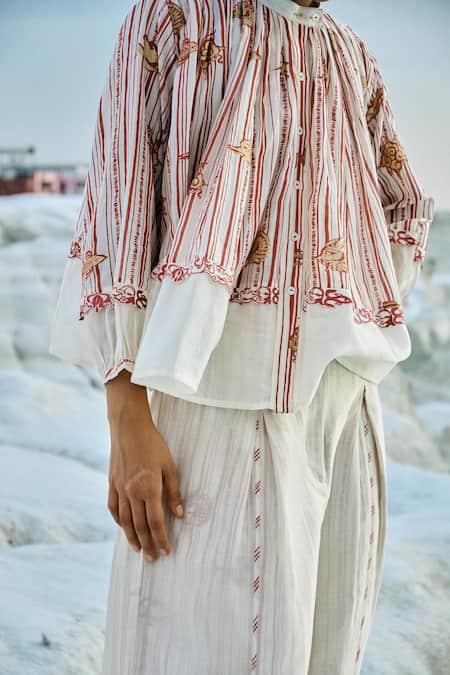 Ahmev_Red Chanderi, Cotton Lace Band Collar Screen Print Top _Online_at_Aza_Fashions