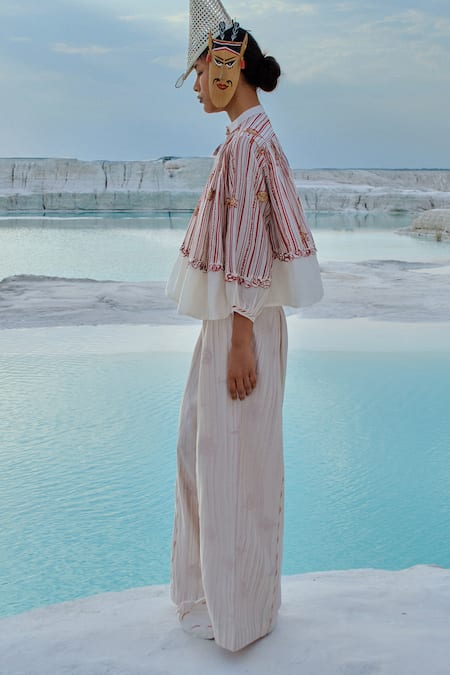 Buy_Ahmev_Red Chanderi, Cotton Lace Band Collar Screen Print Top _Online_at_Aza_Fashions