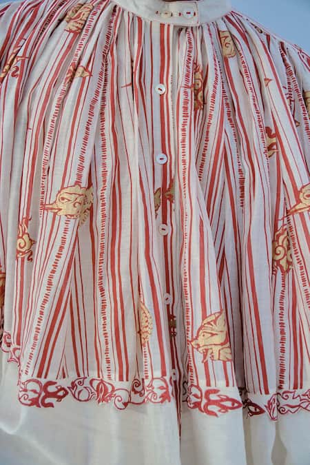 Shop_Ahmev_Red Chanderi, Cotton Lace Band Collar Screen Print Top _Online_at_Aza_Fashions