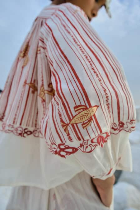 Ahmev_Red Chanderi, Cotton Lace Band Collar Screen Print Top _at_Aza_Fashions