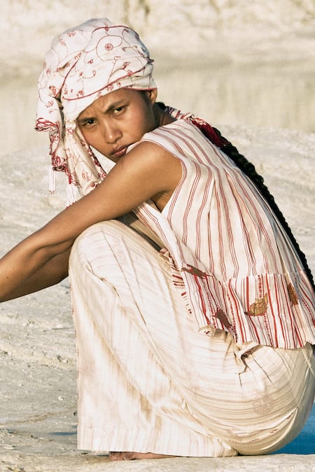 Ahmev_Red Cotton, Chanderi Open Neck May Box Pleated Top  _Online_at_Aza_Fashions