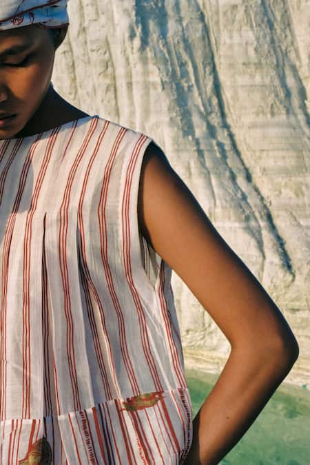 Buy_Ahmev_Red Cotton, Chanderi Open Neck May Box Pleated Top  _Online_at_Aza_Fashions