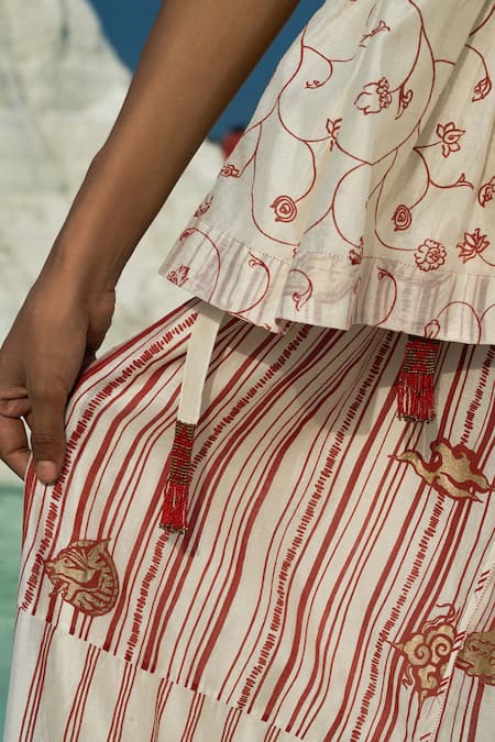 Ahmev Red Cotton, Chanderi Beads, Tassels Htami Drawstring Panelled Skirt Online at Aza Fashions Ahmev_Red Cotton, Chanderi Beads, Tassels Htami Drawstring Panelled Skirt _Online_at_Aza_Fashions