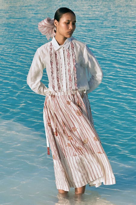 Shop Ahmev Red Cotton, Chanderi Beads, Tassels Htami Drawstring Panelled Skirt Shop_Ahmev_Red Cotton, Chanderi Beads, Tassels Htami Drawstring Panelled Skirt