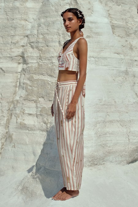 Shop Ahmev Ivory Cotton, Chanderi Eaindra Dart Pant Online at Aza Fashions Shop_Ahmev_Ivory Cotton, Chanderi Eaindra Dart Pant _Online_at_Aza_Fashions