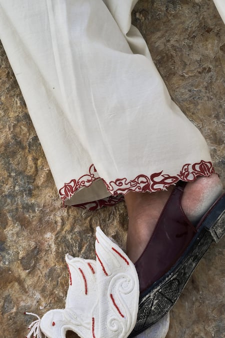 Ahmev_Ivory Cotton, Chanderi Embroidery, Tassels, Lace Thiri Pant _at_Aza_Fashions