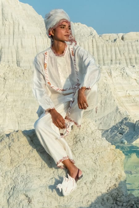 Shop Ahmev Gold Chanderi Embroidery Mandarin Collar Thida Shirt Online at Aza Fashions Shop_Ahmev_Gold Chanderi Embroidery Mandarin Collar Thida Shirt _Online_at_Aza_Fashions