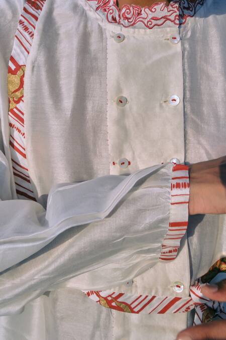 Ahmev Gold Chanderi Embroidery Mandarin Collar Thida Shirt at Aza Fashions Ahmev_Gold Chanderi Embroidery Mandarin Collar Thida Shirt _at_Aza_Fashions