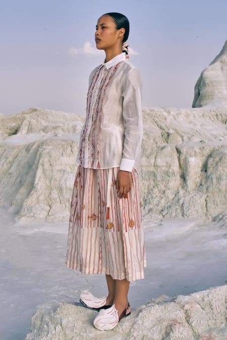 Ahmev_Red Cotton, Chanderi Embroidery, Lace Collared Lwin Classic Shirt _Online_at_Aza_Fashions