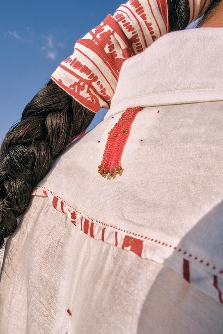 Shop_Ahmev_Red Cotton, Chanderi Embroidery, Lace Collared Lwin Classic Shirt _Online_at_Aza_Fashions