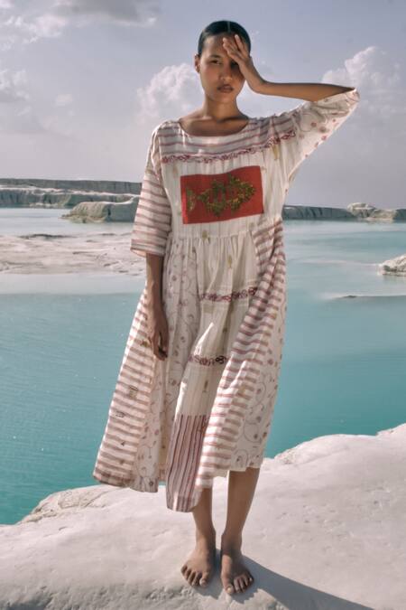Buy Ahmev Gold Cotton, Chanderi Embroidery, Beads, Lace, Patchwork Boat Neck Yati Dress Online at Aza Fashions Buy_Ahmev_Gold Cotton, Chanderi Embroidery, Beads, Lace, Patchwork Boat Neck Yati Dress _Online_at_Aza_Fashions