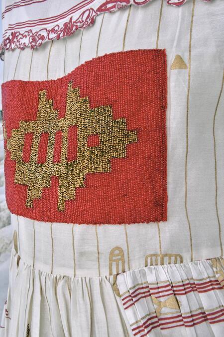 Shop Ahmev Gold Cotton, Chanderi Embroidery, Beads, Lace, Patchwork Boat Neck Yati Dress Online at Aza Fashions Shop_Ahmev_Gold Cotton, Chanderi Embroidery, Beads, Lace, Patchwork Boat Neck Yati Dress _Online_at_Aza_Fashions