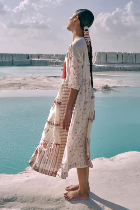 Ahmev Gold Cotton, Chanderi Embroidery, Beads, Lace, Patchwork Boat Neck Yati Dress at Aza Fashions Ahmev_Gold Cotton, Chanderi Embroidery, Beads, Lace, Patchwork Boat Neck Yati Dress _at_Aza_Fashions
