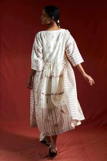 Ahmev_Gold Cotton, Chanderi Embroidery, Lace Boat Neck Yuni Patch Dress _Online_at_Aza_Fashions