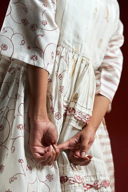 Buy_Ahmev_Gold Cotton, Chanderi Embroidery, Lace Boat Neck Yuni Patch Dress _Online_at_Aza_Fashions