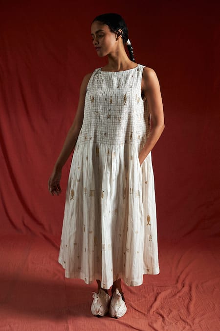 Shop Ahmev Ivory Cotton, Chanderi Foil Printing Boat Neck Lay Ruched Dress Online at Aza Fashions Shop_Ahmev_Ivory Cotton, Chanderi Foil Printing Boat Neck Lay Ruched Dress _Online_at_Aza_Fashions