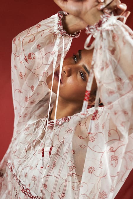 Buy Ahmev Gold Silk Organza, Cotton Embroidery, Beads, Tassels Round Thanaya Tier Dress Online at Aza Fashions Buy_Ahmev_Gold Silk Organza, Cotton Embroidery, Beads, Tassels Round Thanaya Tier Dress _Online_at_Aza_Fashions