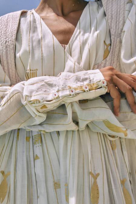 Ahmev Gold Cotton, Chanderi Beads, Tassels V-neck Elysia Printed Angarkha Dress Online at Aza Fashions Ahmev_Gold Cotton, Chanderi Beads, Tassels V-neck Elysia Printed Angarkha Dress _Online_at_Aza_Fashions