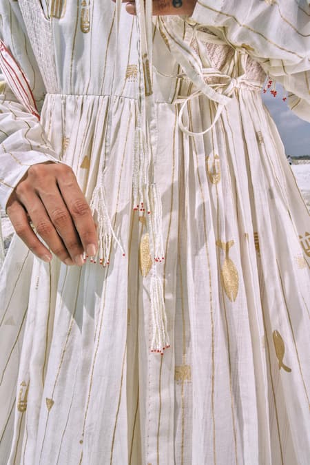 Buy Ahmev Gold Cotton, Chanderi Beads, Tassels V-neck Elysia Printed Angarkha Dress Online at Aza Fashions Buy_Ahmev_Gold Cotton, Chanderi Beads, Tassels V-neck Elysia Printed Angarkha Dress _Online_at_Aza_Fashions