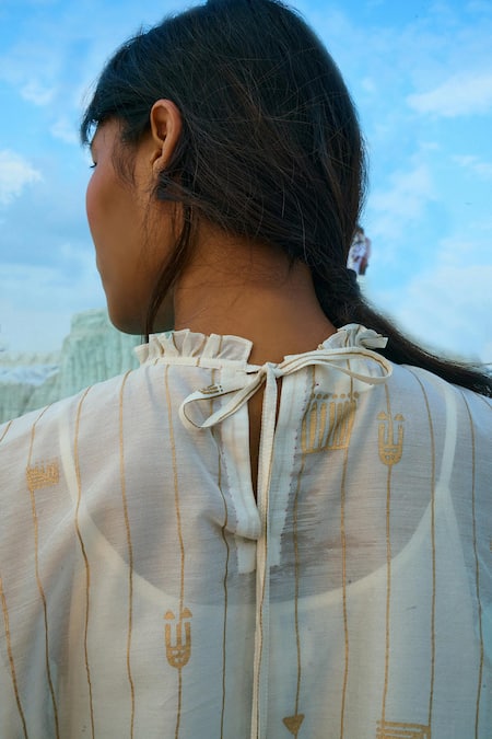 Buy_Ahmev_Ivory Cotton, Chanderi Beads, Tassels Boat , Scoop Solara Printed Tunic _Online_at_Aza_Fashions