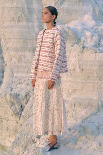 Buy_Ahmev_Red Cotton, Chanderi Embroidery, Lace Round Neck Fable Collarless Jacket _Online_at_Aza_Fashions