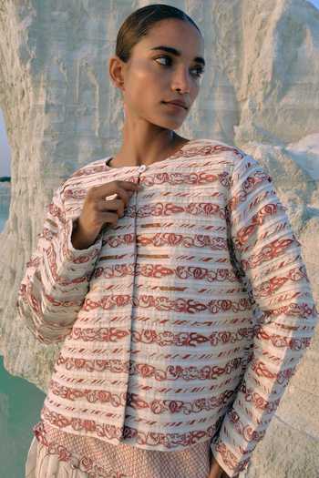 Shop_Ahmev_Red Cotton, Chanderi Embroidery, Lace Round Neck Fable Collarless Jacket _Online_at_Aza_Fashions