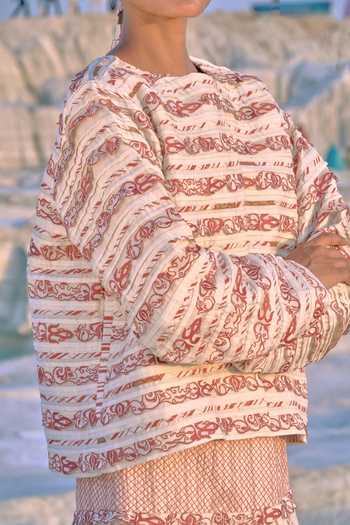 Ahmev_Red Cotton, Chanderi Embroidery, Lace Round Neck Fable Collarless Jacket _at_Aza_Fashions