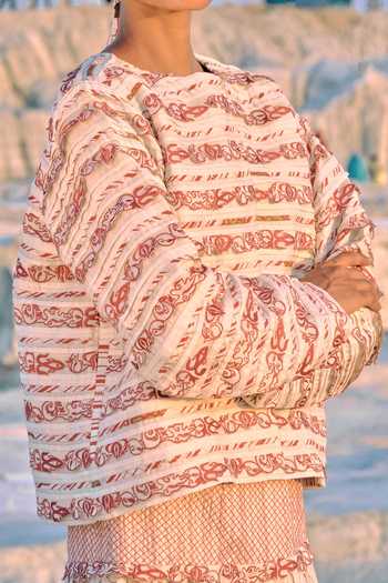 Buy_Ahmev_Red Cotton, Chanderi Embroidery, Lace Round Neck Fable Collarless Jacket 