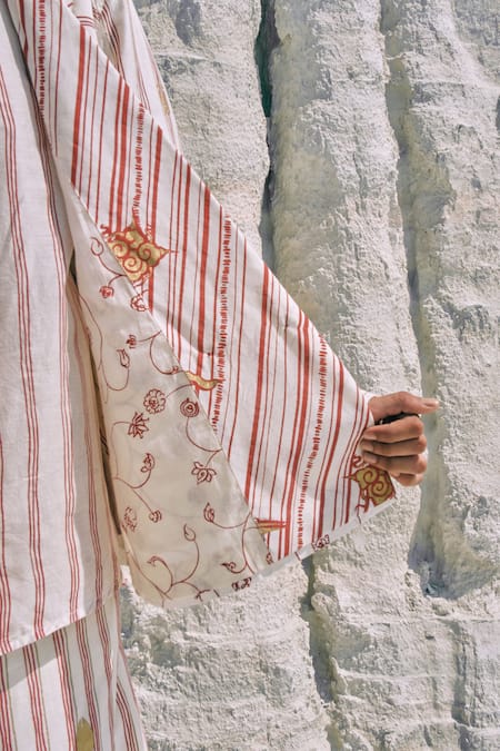 Buy_Ahmev_Ivory Cotton, Chanderi Embroidery, Zari Lumina Double Breasted Blazer _Online_at_Aza_Fashions