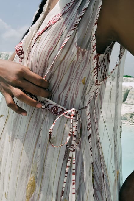 Shop_Ahmev_Ivory Cotton, Silk Organza Tassels, Piping, Beads Shawl Neck, Ashin Overlay _Online_at_Aza_Fashions