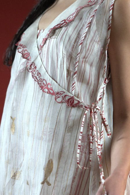 Ahmev_Ivory Cotton, Silk Organza Tassels, Piping, Beads Shawl Neck, Ashin Overlay _at_Aza_Fashions