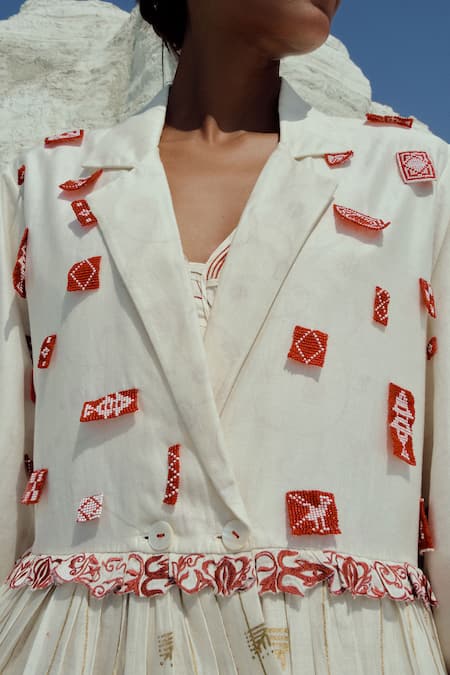 Buy_Ahmev_Red Cotton, Chanderi Embroidery, Beads, Lace Notched Neck Shin Long Jacket _Online_at_Aza_Fashions