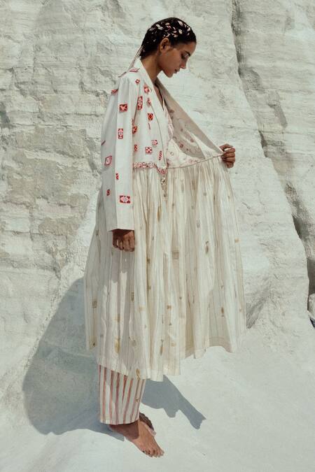 Ahmev_Red Cotton, Chanderi Embroidery, Beads, Lace Notched Neck Shin Long Jacket _at_Aza_Fashions