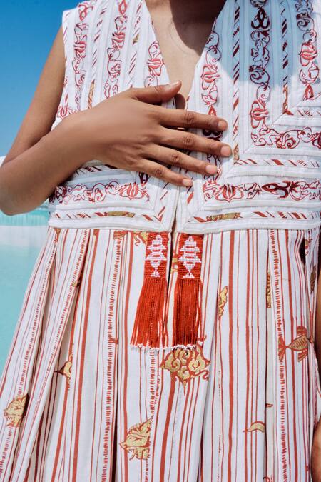 Shop Ahmev Ivory Cotton, Chanderi Embroidery, Beads, Tassels, Lace V-neck Kalaia Jacket Online at Aza Fashions Shop_Ahmev_Ivory Cotton, Chanderi Embroidery, Beads, Tassels, Lace V-neck Kalaia Jacket _Online_at_Aza_Fashions