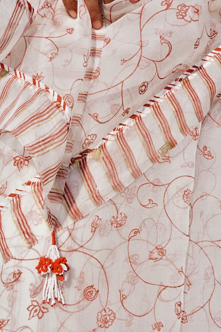 Ahmev_Ivory Cotton, Silk Organza Beads, Tassels, Lace Liz Floral Pattern Saree _at_Aza_Fashions