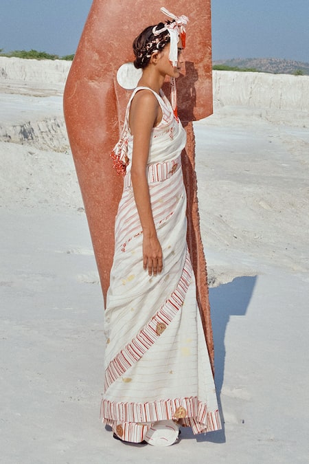 Ahmev_Ivory Cotton, Chanderi Embroidery, Beads, Tassels Hara Saree _Online_at_Aza_Fashions