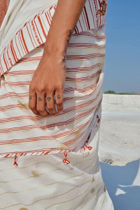 Buy_Ahmev_Ivory Cotton, Chanderi Embroidery, Beads, Tassels Hara Saree _Online_at_Aza_Fashions