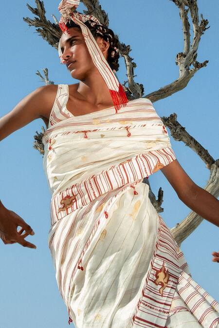 Shop_Ahmev_Ivory Cotton, Chanderi Embroidery, Beads, Tassels Hara Saree _Online_at_Aza_Fashions