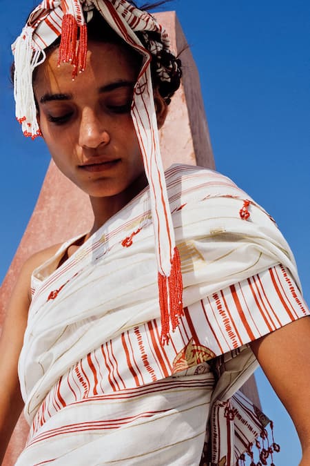 Ahmev_Ivory Cotton, Chanderi Embroidery, Beads, Tassels Hara Saree _at_Aza_Fashions