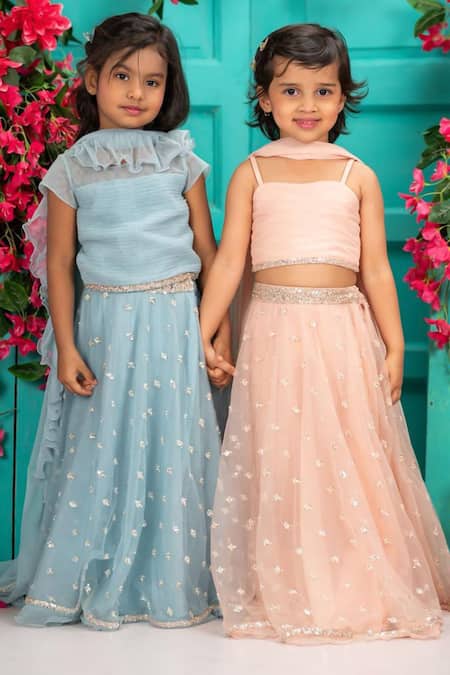 Buy_Shruti Jalan_Pink Net Embroidery, Sequins, Smocking Lehenga Set _Online_at_Aza_Fashions