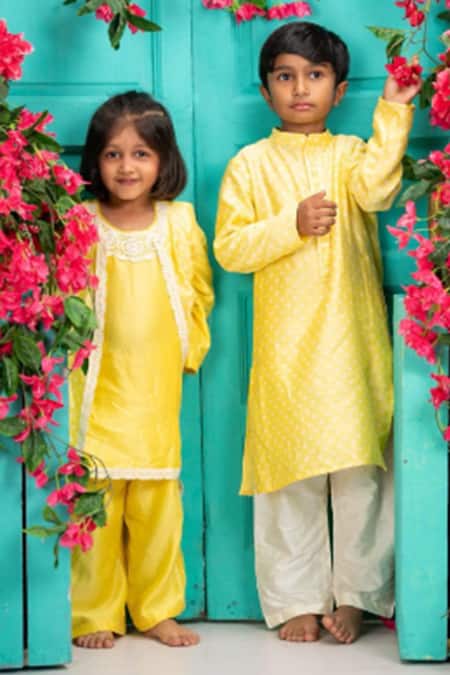 Shop_Shruti Jalan_Yellow Chanderi Bandhani Pattern Cape Palazzo Set _Online_at_Aza_Fashions