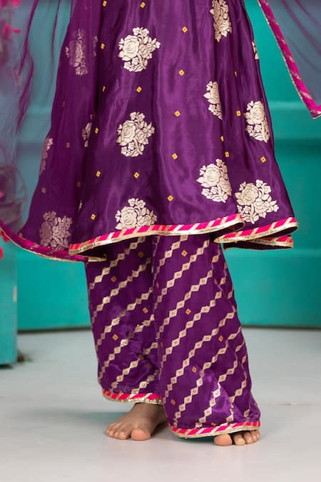 Shruti Jalan_Purple Brocade Zari, Gota Patti, Lace Leheriya Kurta Set _Online_at_Aza_Fashions