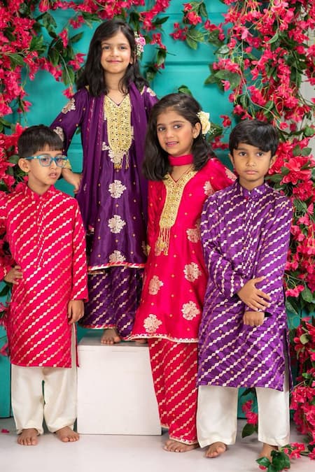 Shop_Shruti Jalan_Purple Brocade Zari, Gota Patti, Lace Leheriya Kurta Set _Online_at_Aza_Fashions