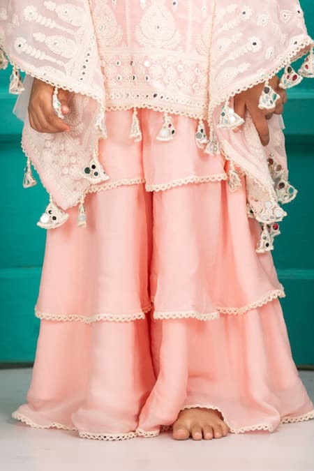 Shruti Jalan_Pink Crepe, Chinon Embroidery, Mirrors, Lace Lucknowi Work Poncho And Gharara Set _Online_at_Aza_Fashions