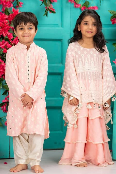 Buy_Shruti Jalan_Pink Crepe, Chinon Embroidery, Mirrors, Lace Lucknowi Work Poncho And Gharara Set _Online_at_Aza_Fashions